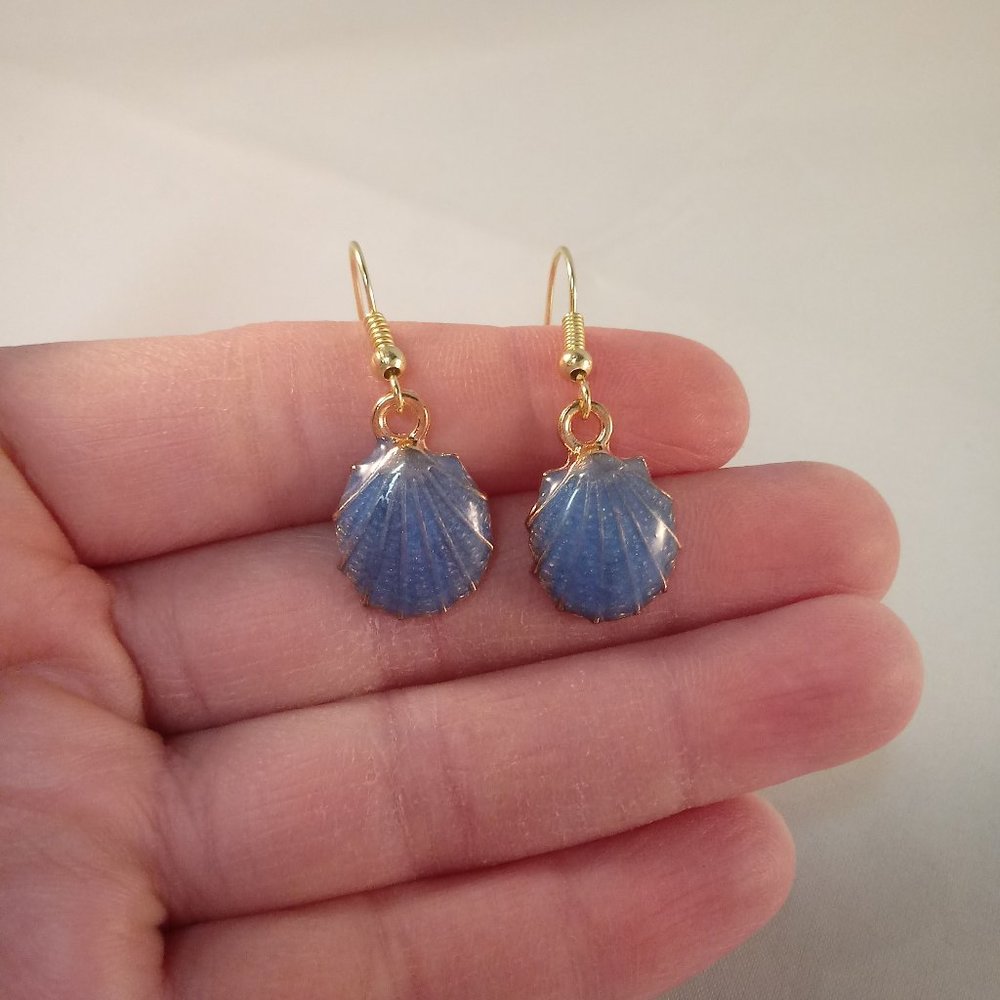 Gold Blue Sea Shell Earrings Hypoallergenic Hooks - Picture 2 of 2